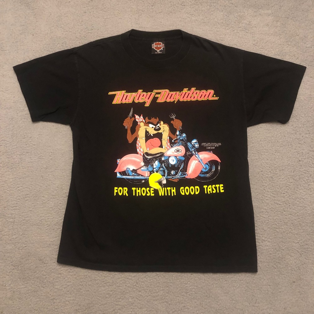 Vtg Single Stitch 1991 Harley Davidson Looney Tunes Taz Tee Black XL Biker